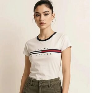 Tommy Hilfiger Womens White Blue Red Stripe Logo T Shirt Size M